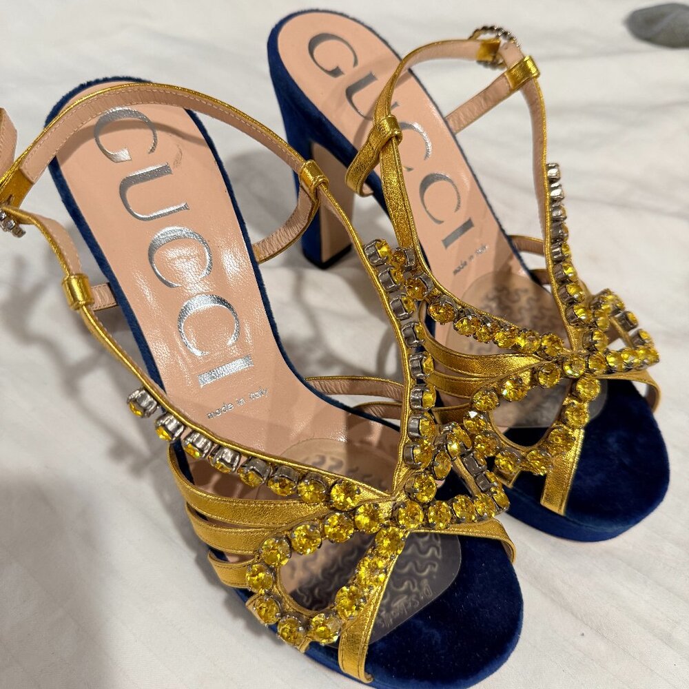 Gucci Zephyra Gold Crystal Blue Velvet Heels | Size 37  US 7